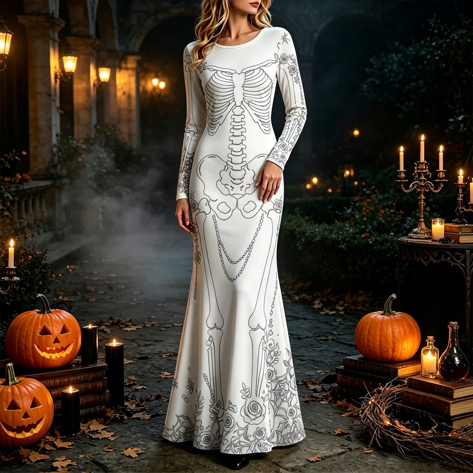 Halloween Skeleton Decoration - Vestido largo con estampado de rosas